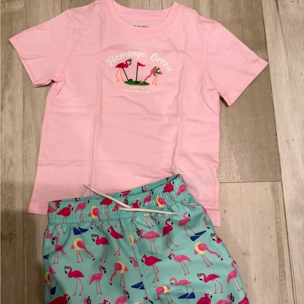 Janie and Jack Pink flamingo Swim Shorts and matching pink t-shirt set size 4 - Picture 1 of 6